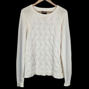 Lands End Cable Knit Sweater Womens XL Fisherman Cream Cotton Pullover Heritage